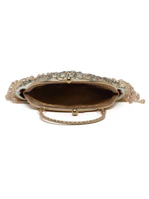 Anekaant dangle pastel green & gold stone work embellished velvet purse clutch 5