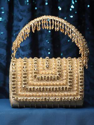 coffer nude & gold stone work embellished suede foldover clutch 1
