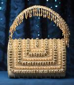 coffer nude & gold stone work embellished suede foldover clutch