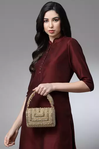 coffer nude & gold stone work embellished suede foldover clutch