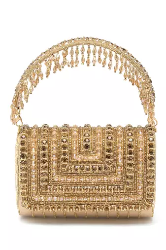 coffer nude & gold stone work embellished suede foldover clutch