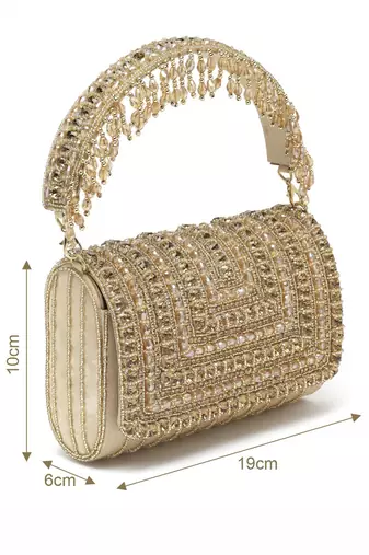 coffer nude & gold stone work embellished suede foldover clutch