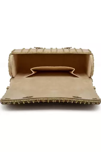 coffer nude & gold stone work embellished suede foldover clutch