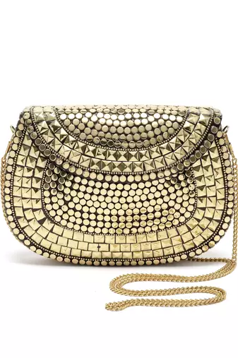 mosaic gold mosaic embellished metal halfmoon clutch