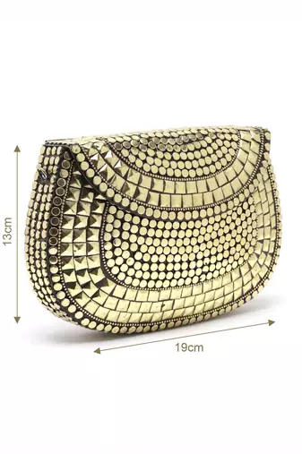 mosaic gold mosaic embellished metal halfmoon clutch