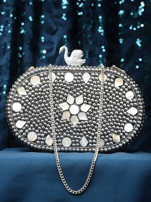Anekaant mosaic silver & white marble mosaic embellished metal box clutch 2