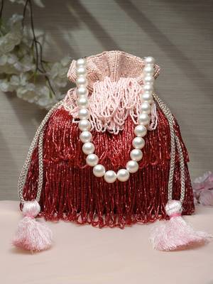 dangle pink & red bead work embellished satin potli 1