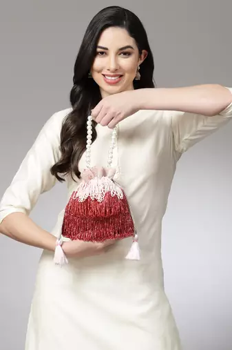 dangle pink & red bead work embellished satin potli