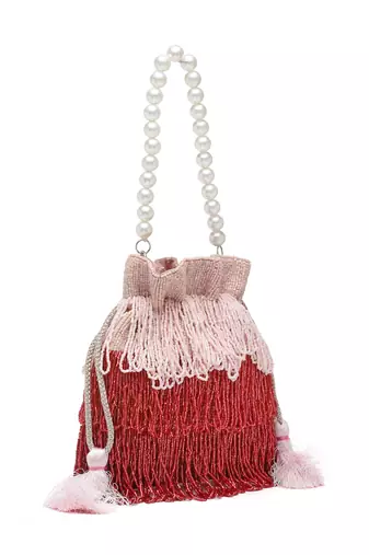 dangle pink & red bead work embellished satin potli