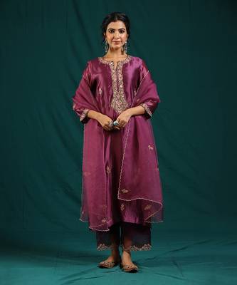 Wine silk organza kurta set 1