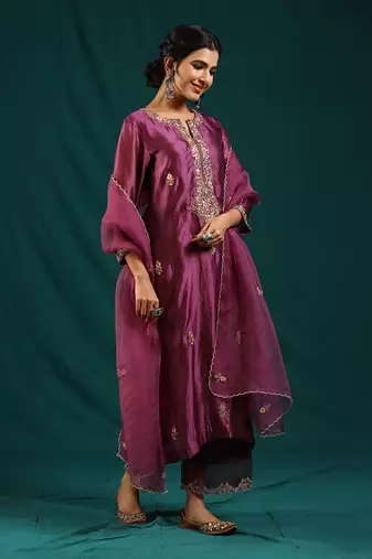 Wine silk organza kurta set