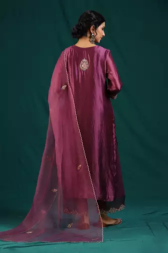 Wine silk organza kurta set