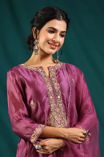 Wine silk organza kurta set