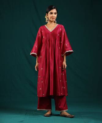 Wine silk chanderi kurta set 1