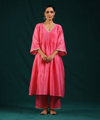 Neon pink silk chanderi kurta set 1