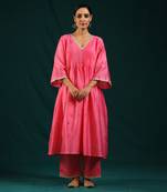 Neon pink silk chanderi kurta set