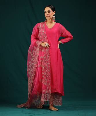 Hot pink soft chanderi kurta set 1