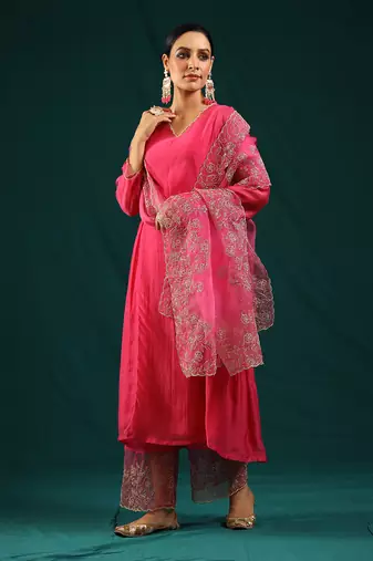 Hot pink soft chanderi kurta set