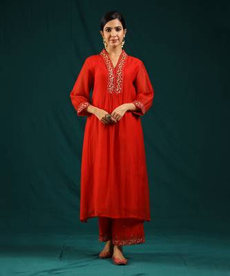 Red soft chanderi kurta set 1