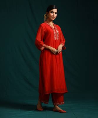 Red soft chanderi kurta set 2