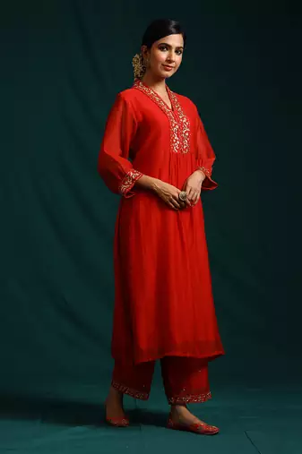 Red soft chanderi kurta set