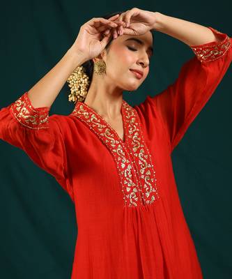 Red soft chanderi kurta set 4