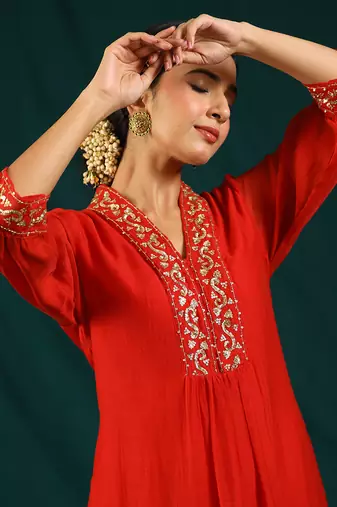 Red soft chanderi kurta set