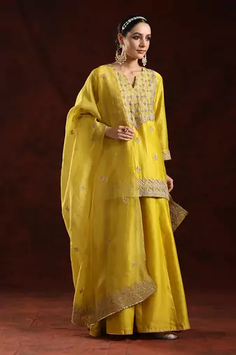 Grenish mustard chanderi silk kurta set