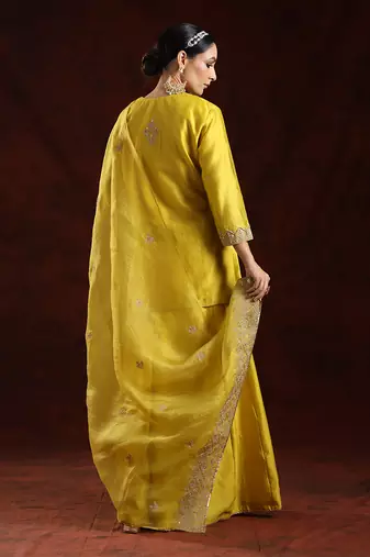 Grenish mustard chanderi silk kurta set