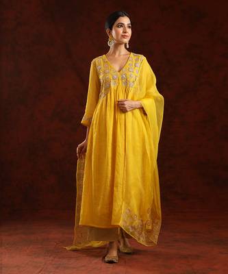 Mustard chanderi tissue kurta set 1