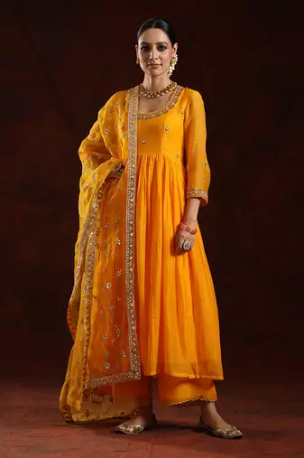 Kesariya soft chanderi kurta set