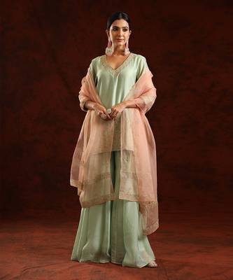 Pista green chanderi silk kurta set 1