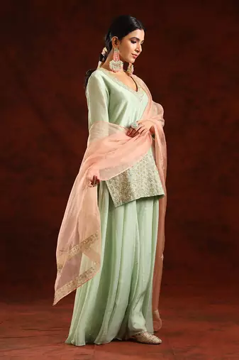 Pista green chanderi silk kurta set