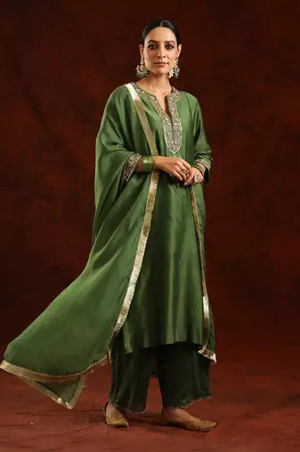 Green chanderi silk kurta set
