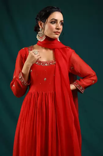 Red soft chanderi kurta set