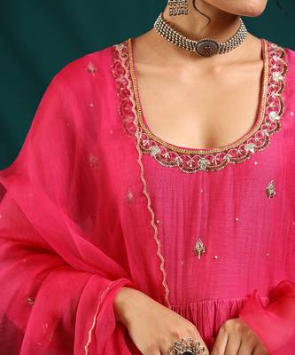 Fuschia pink soft chanderi kurta set 3