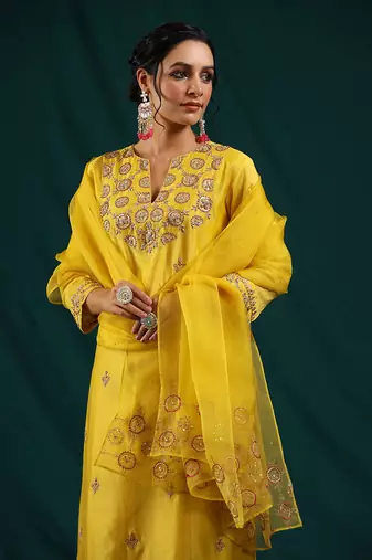 Mustard chanderi silk kurta set