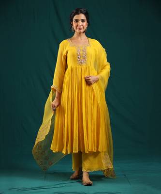 Mustard soft chanderi kurta set 1