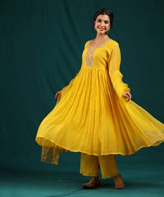 Mustard soft chanderi kurta set 2