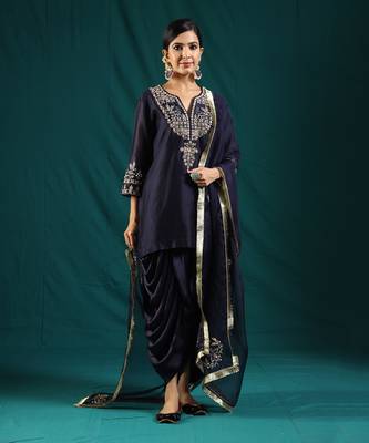 Navy blue chanderi silk kurta set 1