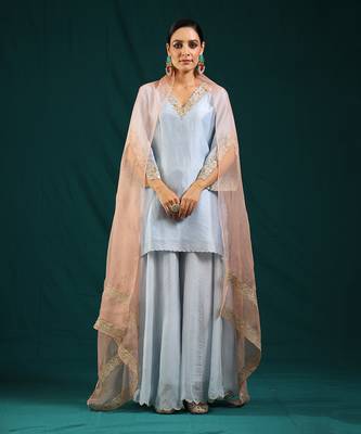 Ice blue chanderi silk kurta set 1
