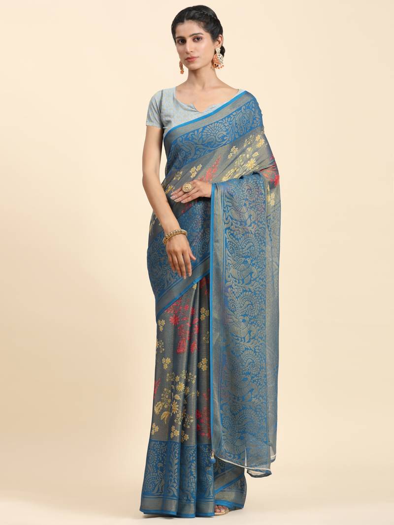Grey Floral Print Brasso Saree With Blouse