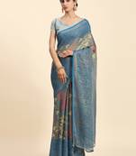 Grey Floral Print Brasso Saree With Blouse