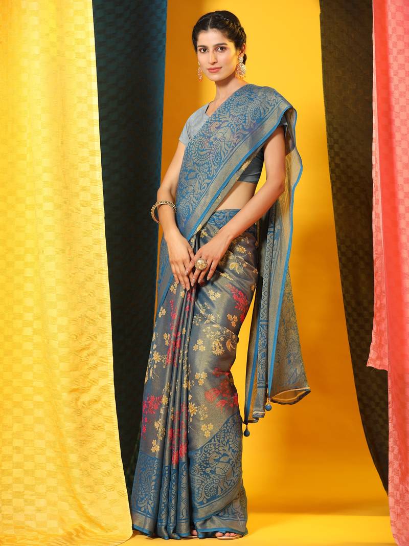 Grey Floral Print Brasso Saree With Blouse