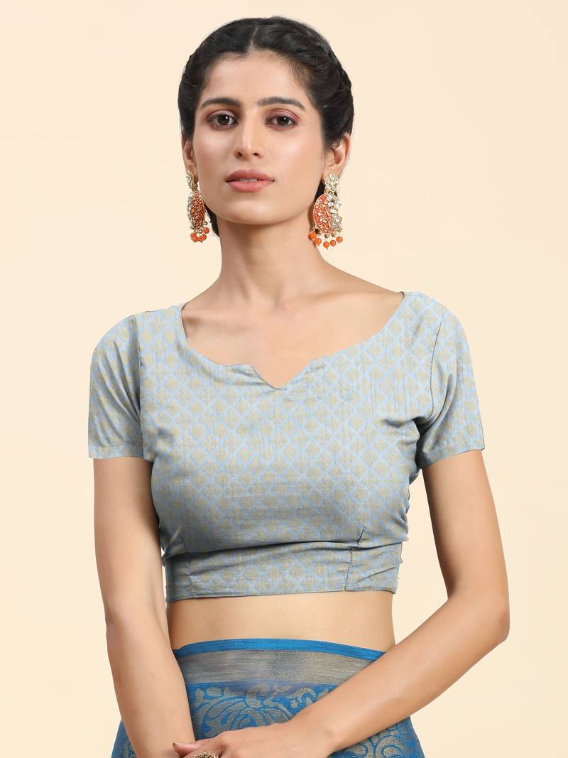 Grey Floral Print Brasso Saree With Blouse