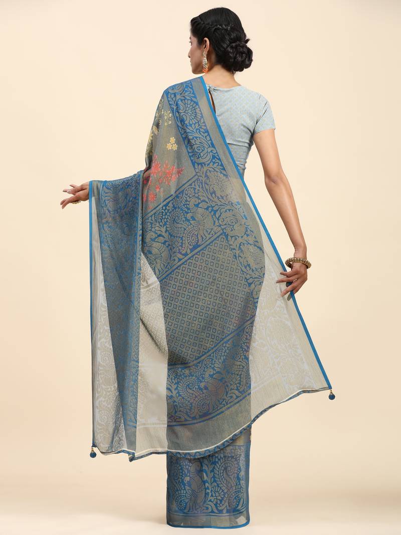 Grey Floral Print Brasso Saree With Blouse