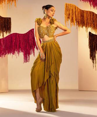 Mehandi green draped skirt set 1