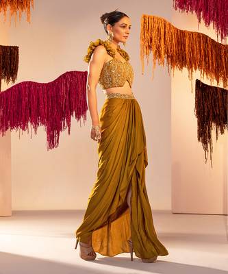 Mehandi green draped skirt set 2