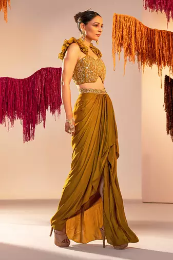 Mehandi green draped skirt set