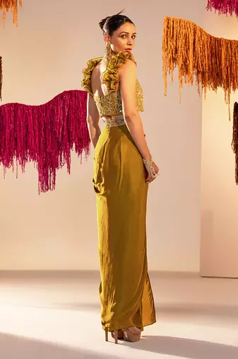 Mehandi green draped skirt set
